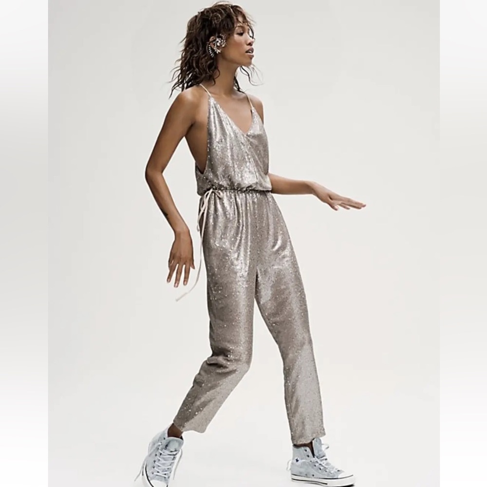 Free People Champagne Gold Sequin Jumpsuit.